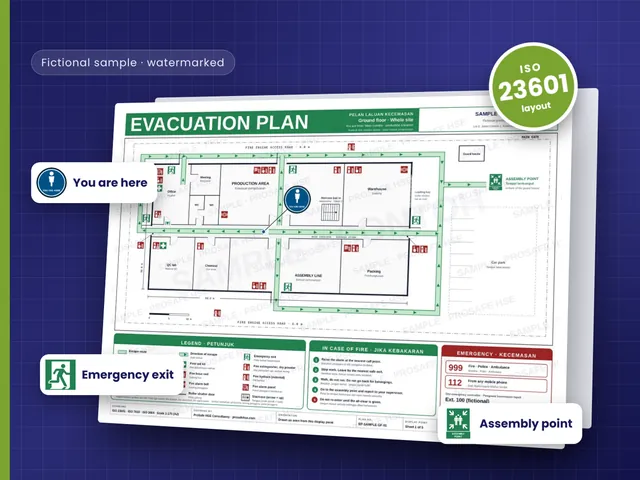 Sample evacuation plan drawing by ProSafe, drawn to ISO 23601
