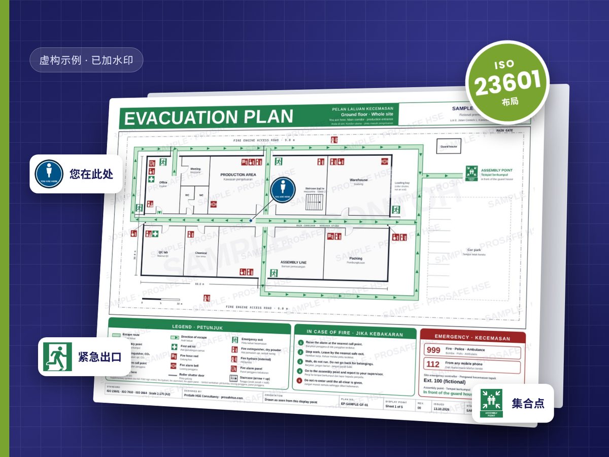 ProSafe 的虚构示例逃生图，标出“您在此处”、紧急出口和集合点，并附 ISO 23601 布局标记