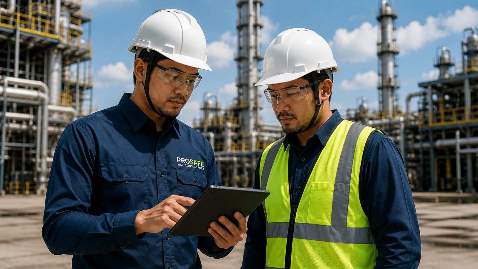ProSafe consultants reviewing safety data on site at a Malaysian industrial facility