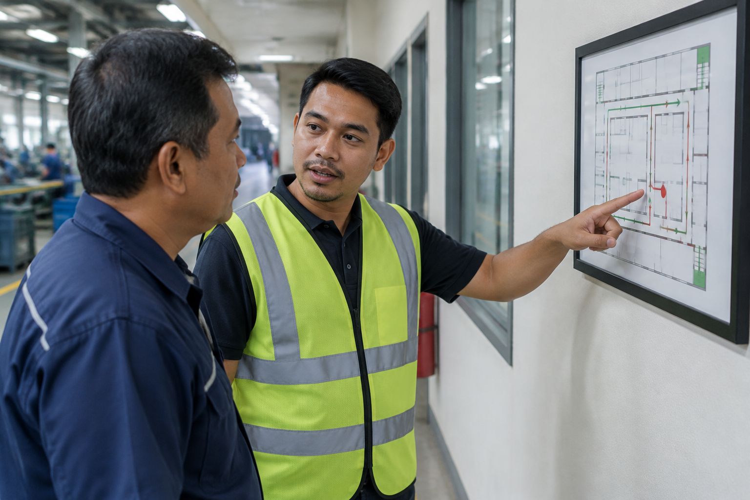 Safety consultant explaining a wall-mounted evacuation floor plan to a factory supervisor