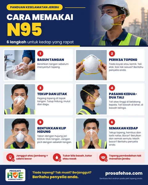 Poster pekerja cara memakai respirator N95 dalam 6 langkah